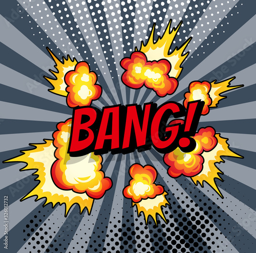 Boom. Comic book explosion bang on sunbeam striped background.