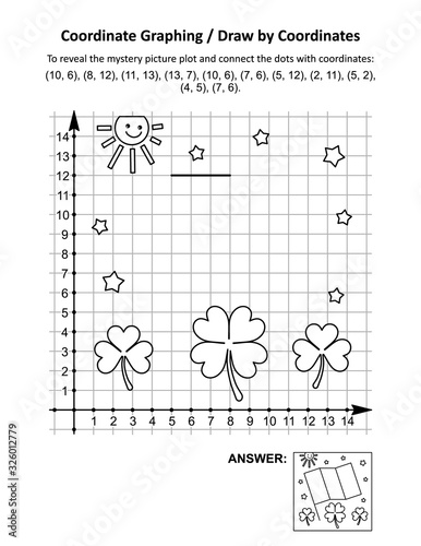 Coordinate graphing, or draw by coordinates, math worksheet with St Patrick's Day mystery picture of Ireland's flag. Answer included.