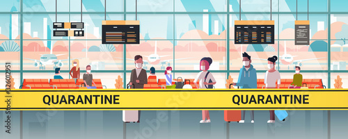 epidemic MERS-CoV orange tape with quarantine inscription at airport terminal with mix race passengers coronavirus infection wuhan 2019-nCoV pandemic health risk concept horizontal vector illustration