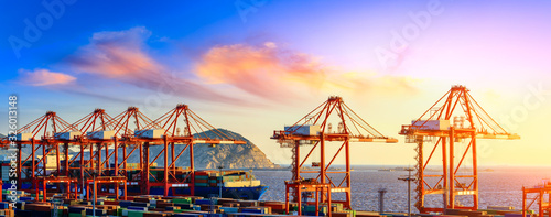 Bilde på lerret Industrial container freight port at beautiful sunset in Shanghai,China