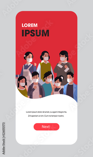 asian people wearing protective masks to prevent epidemic MERS-CoV stop coronavirus concept wuhan 2019-nCoV pandemic medical health risk portrait smartphone screen mobile app copy space vector