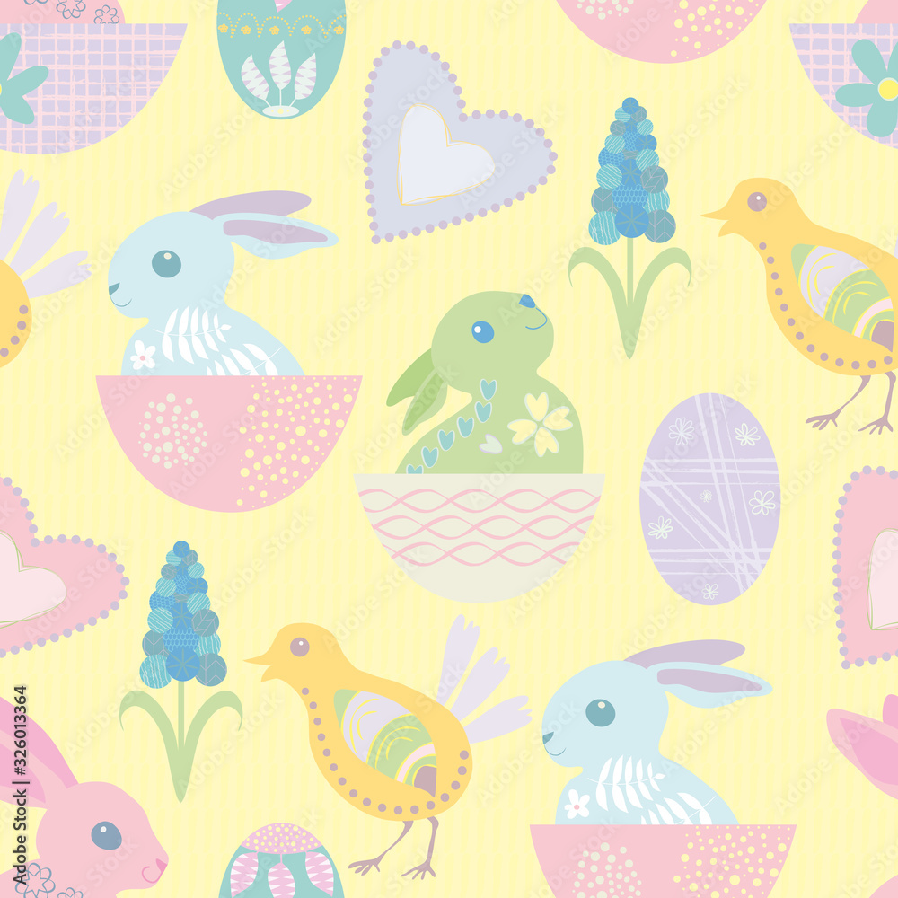 Easter bunny seamless vector pattern background. Cute decorated rabbit folk art illustration. Scandinavian style baby animals and spring symbols on pastel backdrop. Christian celebration concept.