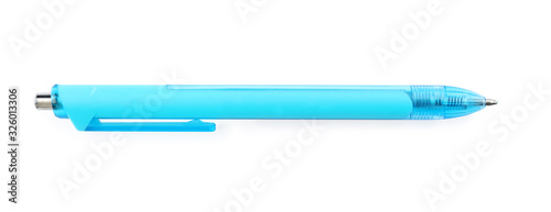 Foto Blue retractable pen isolated on white, top view