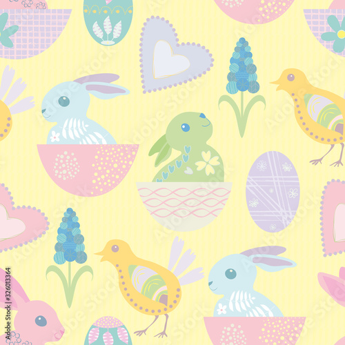 Easter bunny seamless vector pattern background. Cute decorated rabbit folk art illustration. Scandinavian style baby animals and spring symbols on pastel backdrop. Christian celebration concept.