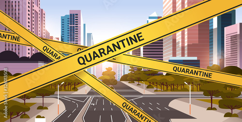 epidemic MERS-CoV quarantine caution on yellow warning tape over empty city street coronavirus infection wuhan 2019-nCoV pandemic health risk concept cityscape background horizontal vector