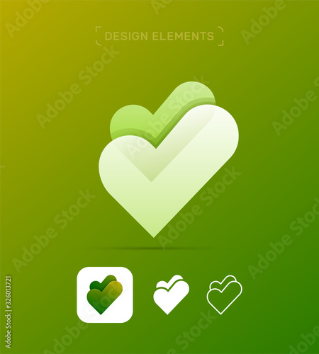 Vector abstract letter V logo. Origami, 3d fluent app icon. Eco, vegan, vegetarian. Check mark. Love heart