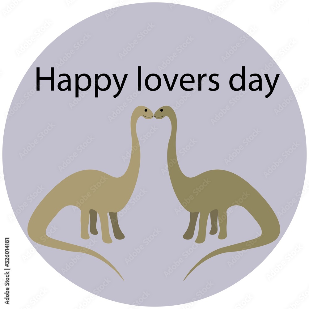 Obraz premium Two kissing dinosaurs in a circle isolated on a white background with the inscription Happy lovers day. Stock vector illustration for decoration and design, postcards, posters, banner, fabrics