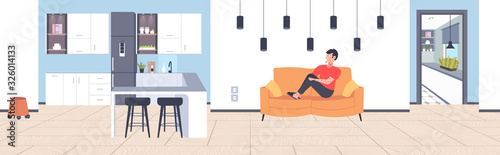 sick man with fever and red rash coronavirus infection symptoms epidemic MERS-CoV virus wuhan 2019-nCoV pandemic health risk concept living room interior full length horizontal vector illustration