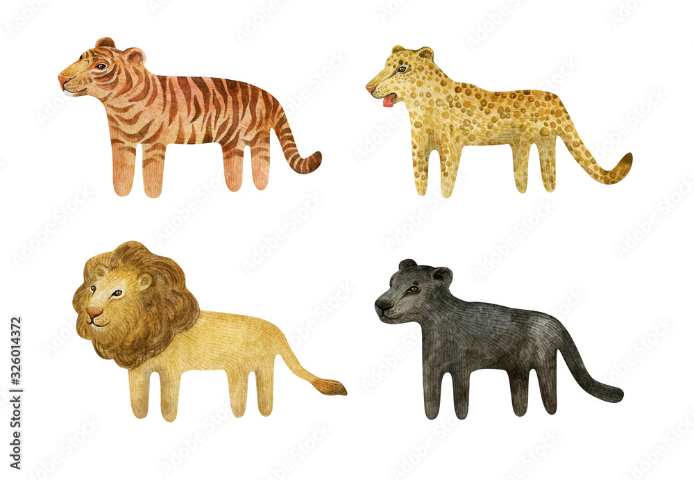 Naklejka premium Watercolor set with cute wild cats. Mammals characters lion, panther, tiger, leopard. Children cartoon set with wild animals perfect for cards, prints, posters, design, fabric.