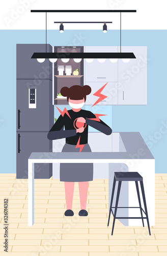 little girl having heart attack coronavirus infection symptoms epidemic MERS-CoV virus wuhan 2019-nCoV kitchen interior full length vertical vector illustration
