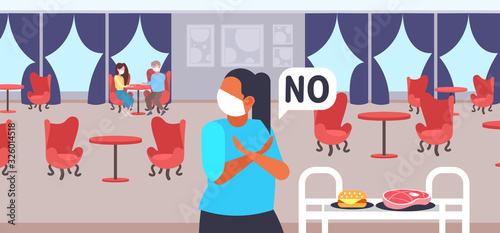 woman in mask doing cross arms say no to meat and burger to prevent coronavirus epidemic MERS-CoV virus wuhan 2019-nCoV pandemic health risk concept restaurant interior portrait horizontal vector