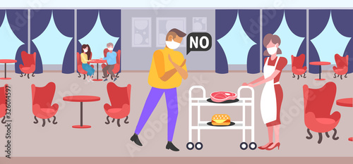 man in mask doing cross arms say no to waitress with meat and burger to prevent coronavirus epidemic MERS-CoV virus wuhan 2019-nCoV health risk concept restaurant interior full length horizontal