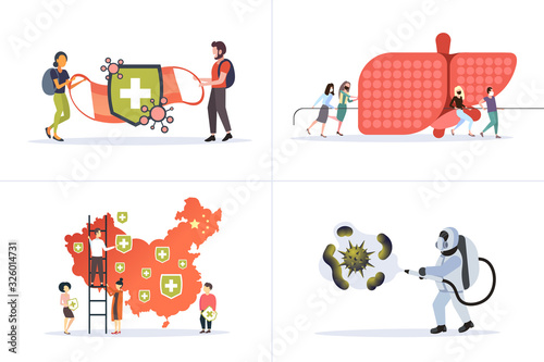set epidemic MERS-CoV coronavirus infection wuhan 2019-nCoV pandemic health risk concepts collection horizontal vector illustration