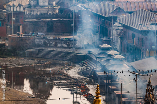 Pashupatinath complex, cremation of the dead on the banks of the sacred Bagmati river, partially destroyed during the earthquake 2015. Kathmandu, Nepal