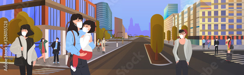 asian people wearing protective masks to prevent epidemic MERS-CoV wuhan coronavirus 2019-nCoV pandemic medical health risk men women walking city street horizontal cityscape vector illustration