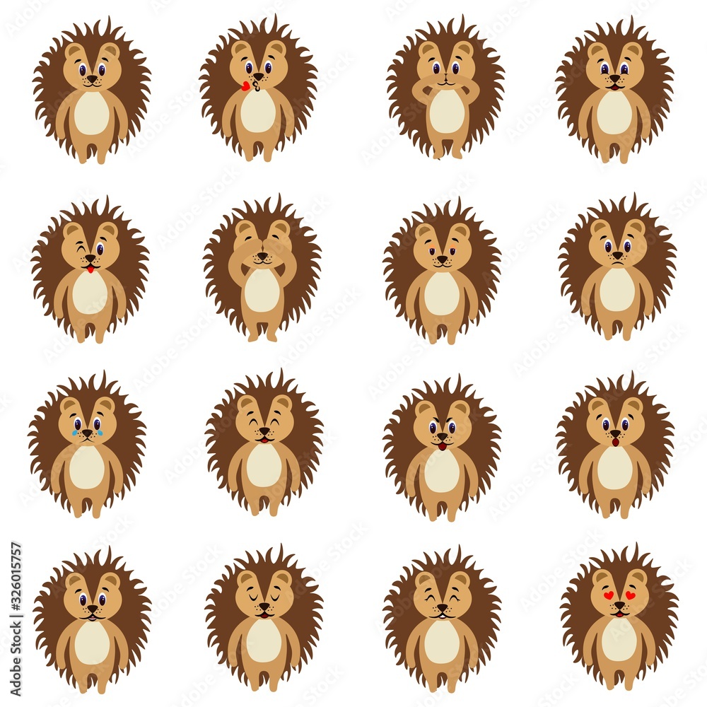 Set of emotions hedgehog in flat style isolated on white background. Stock vector illustration for decoration and design, children's books, stickers, fabrics, postcards, posters, banners and more. Set of emotions hedgehog in flat style isolated on white background. Stock vector illustration for decoration and design, children's books, stickers, fabrics, postcards, posters, banners and more.