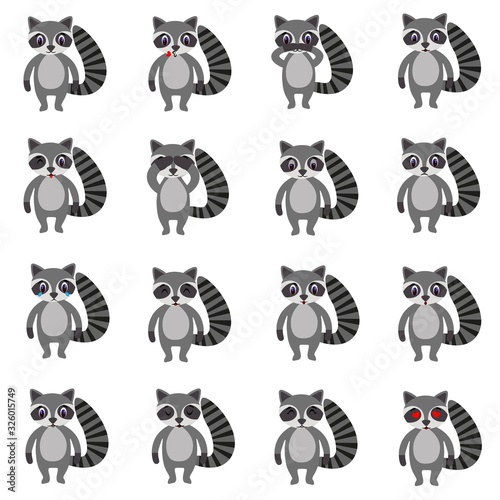 Set of emotions of cute raccoons in a flat style isolated on white background. Stock vector illustration for decoration and design, children's books and coloring, stickers, fabrics, packaging