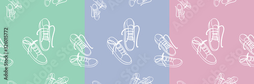 set of seamless with white outline sneakers on green, blue, pink backgrounds