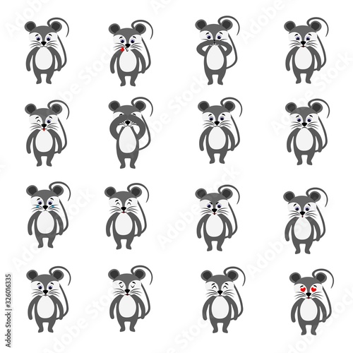 Set of emotions of gray mice isolated on a white background. Stock vector illustration for decoration and design, postcards, posters, banner, fabrics, stickers, children's books, web pages and more.