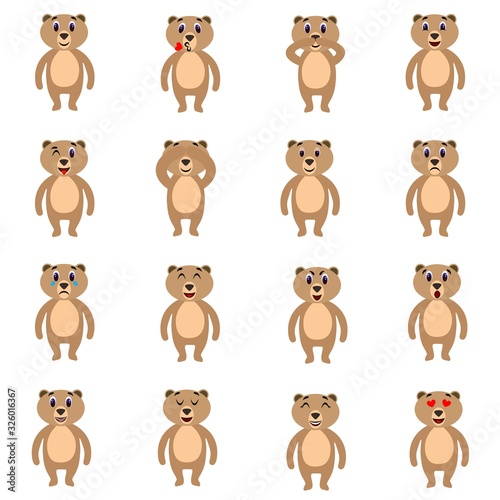 Set of emotions of a cute bear in a flat style isolated on white background. Stock vector illustration for decoration and design, children's books and coloring books, stickers, fabrics, packaging
