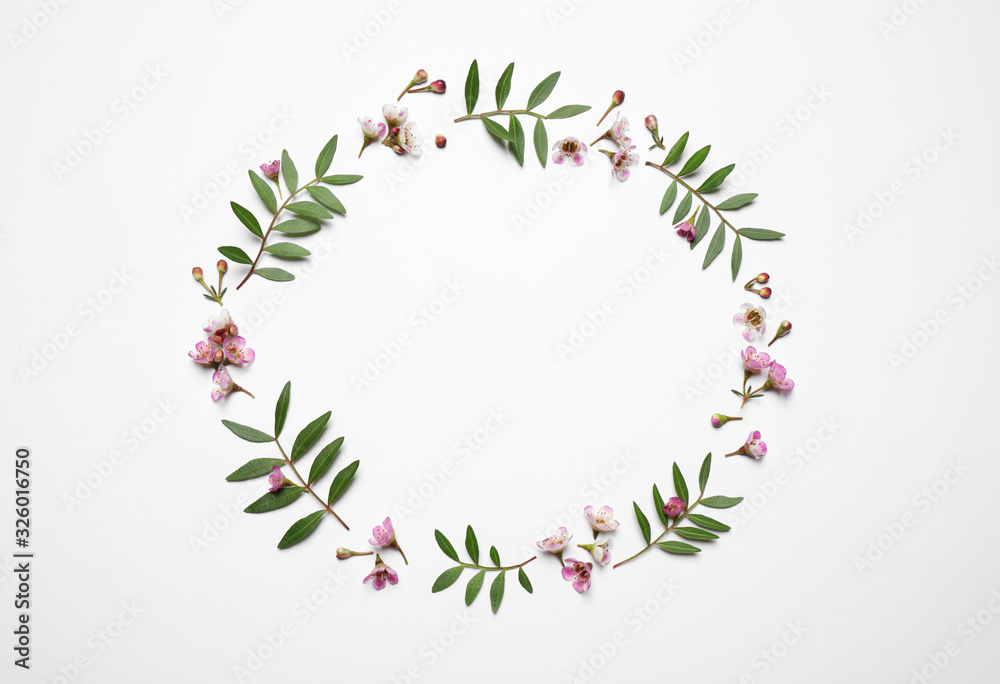 Frame made of beautiful flowers on white background, top view with space for text. Floral card design Frame made of beautiful flowers on white background, top view with space for text. Floral card design