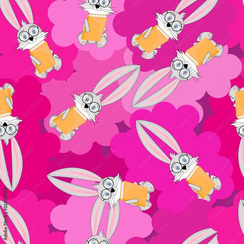 Seamless pattern with cute rabbits and books in paws on a pink abstraction background. Stock vector illustration for decoration and design, wrapping paper, wallpaper, fabrics and more.