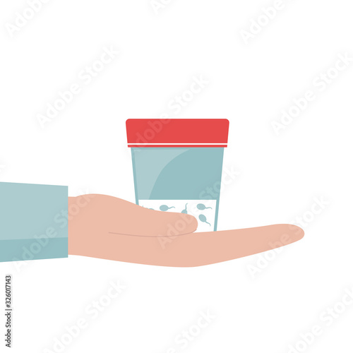 A man's hand holds a container of sperm.Jar for analysis.Concept of sperm donation and infertility testing.Flat vector illustration on a white background
