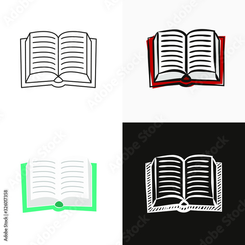 Open book icons set isolated on white background. Hand-drawn contour icon in doodle style, flat and chalk on a black board. Vector object for literature, reading, prose, knowledge and education.