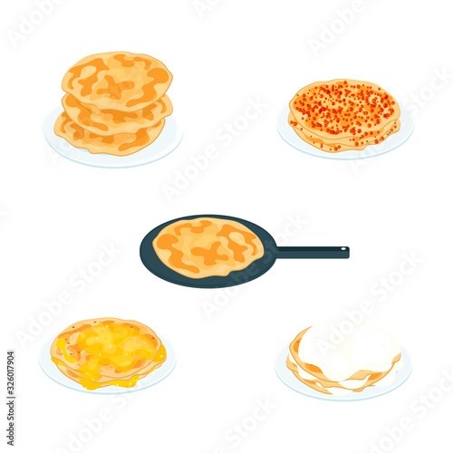 Cook pancakes with different filling. Russian traditional food. Pancakes vector collection.