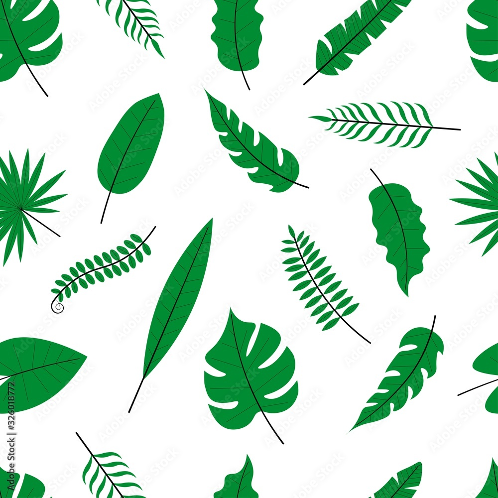 Seamless pattern with a set of beautiful tropical leaves in a flat style on a white background. Stock vector illustration for decoration and design, packaging, wallpaper, wrapping paper, fabrics