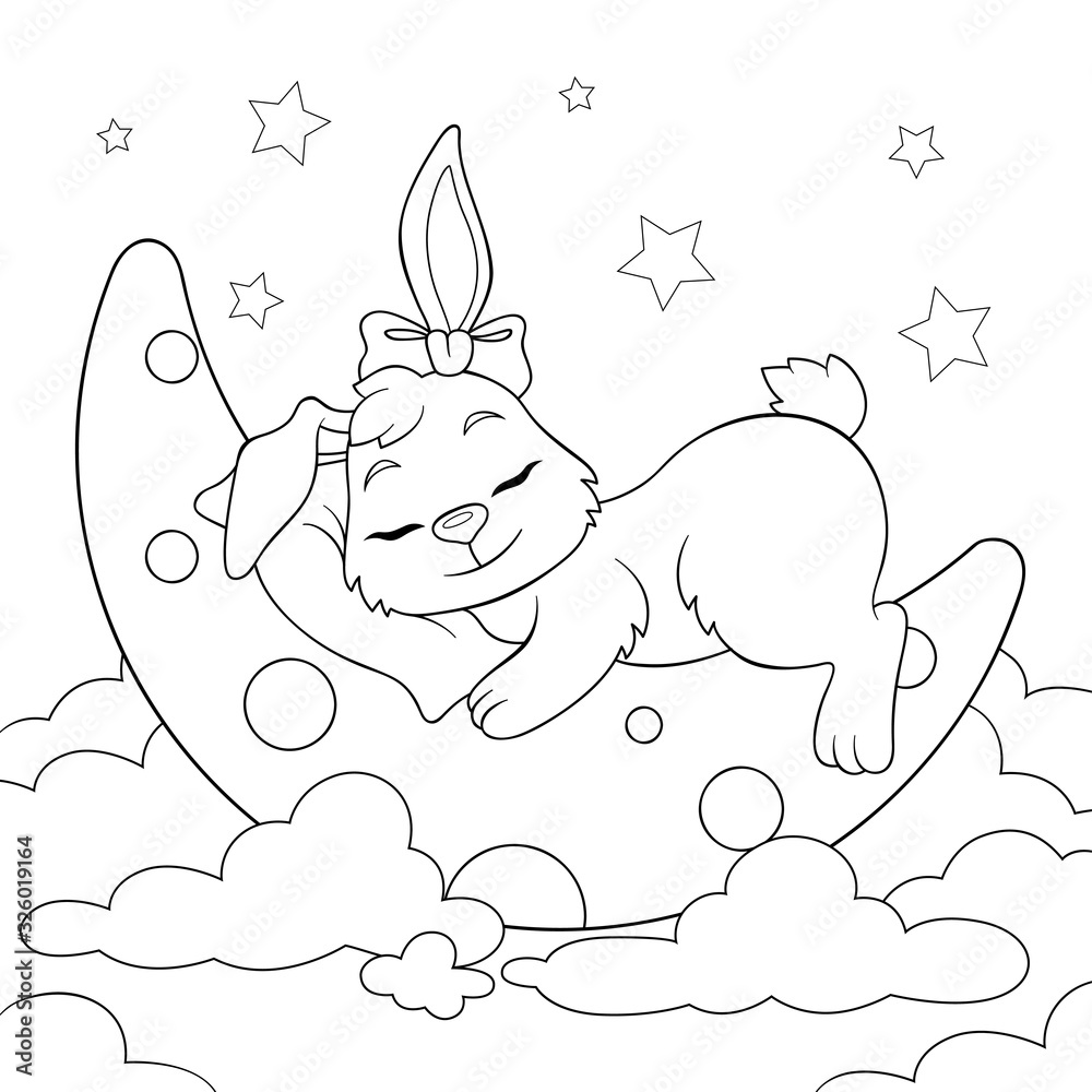 Cute Cartoon Bunny Sleeping On The Moon In Clouds Black And White