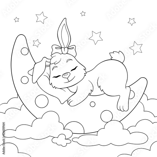 Cute cartoon bunny sleeping on the moon in clouds. Black and white illustration for coloring book