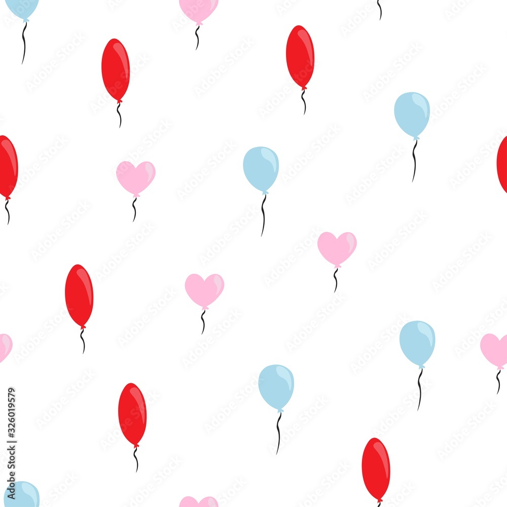 Seamless pattern of blue, pink and red balloons on a white background. Stock vector illustration for decoration and design, wrapping paper, wallpaper, fabrics, postcards, posters, banners, web pages