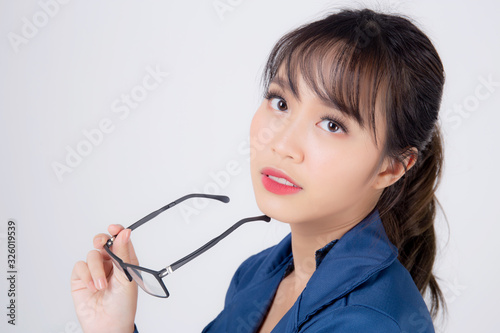 Beautiful portrait young asian business woman wearing glasses expression thinking isolated on white background, asia girl confident having idea and imagination with question, businesswoman concept.