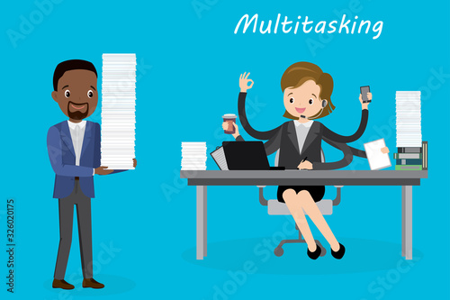 Multitasking european female behind a desk in modern office 
