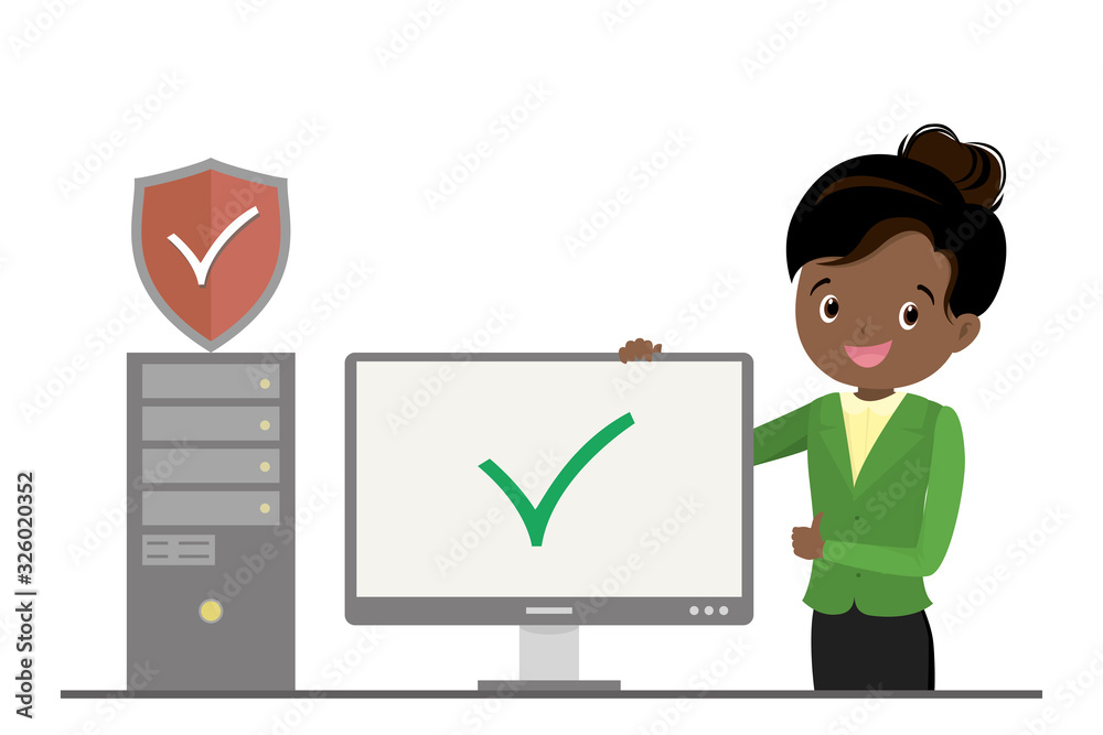 User female and PC computer with security shield