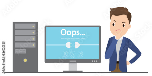 Monitor with error page and sad male,