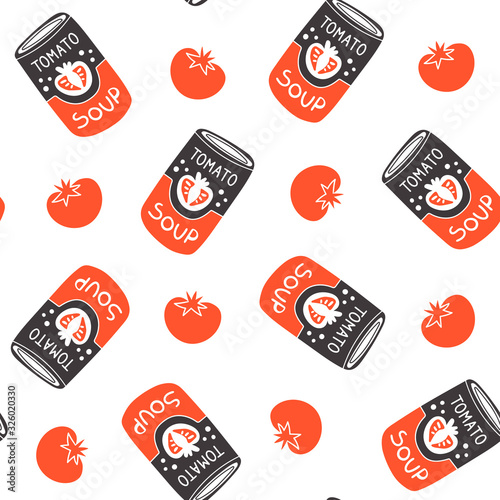 Vector seamless can soup pattern. Cute doodle illustration of tomato red can soup. For design and concept