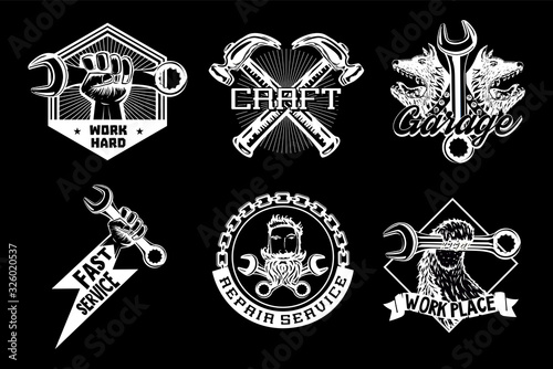 Workshop vector emblem. Retro style garage icons. Vintage signs collection. Black and white illustration set. Craft style print.