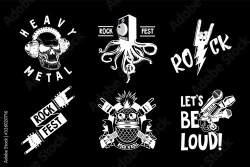 Vintage music emblem. Tattoo style illustration pack for rock and rap music. Heavy metal and hip-hop style. Retro design vector icons.