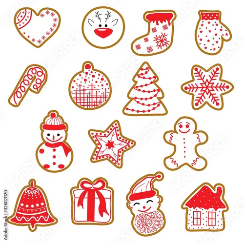 Set of festive gingerbread cookies isolated on a white background. Stock vector illustration for decoration and design, for cards and posters, for stickers and textiles, holiday element and more.