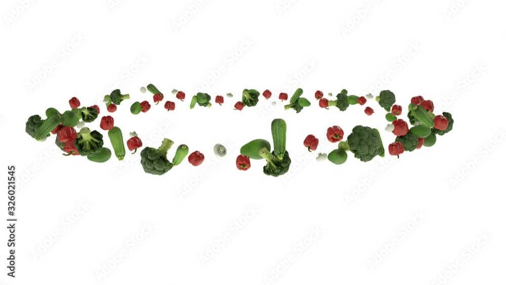 Vegetables flying in circle, seamless loop, against white Vegetables flying in circle, seamless loop, against white