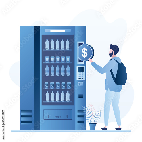 Handsome tourist backpacker using vending machine with drinks. Male character order and purchase beverages