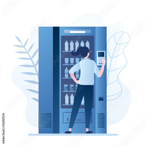 Woman using vending machine with drinks. Female character order and buy beverages.