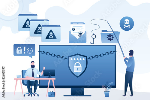  Hacker attack, Pirate Virus bot. Network piracy danger. Happy businessman employee on workplace