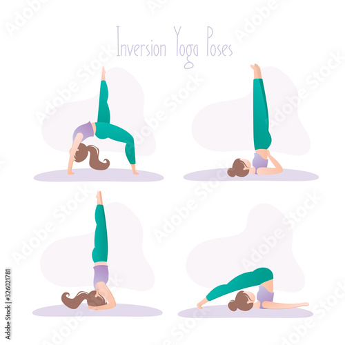Happy girl in yoga position. Set of inversion asana poses in hatha yoga. Simple female human character.