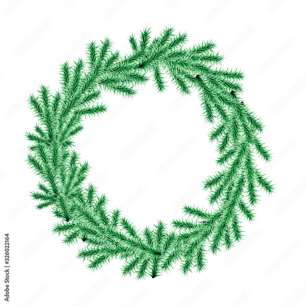 Round frame wreath of fir branches isolated on white background. Stock vector illustration for decoration and design, for cards and posters, holiday element, for web pages and more.
