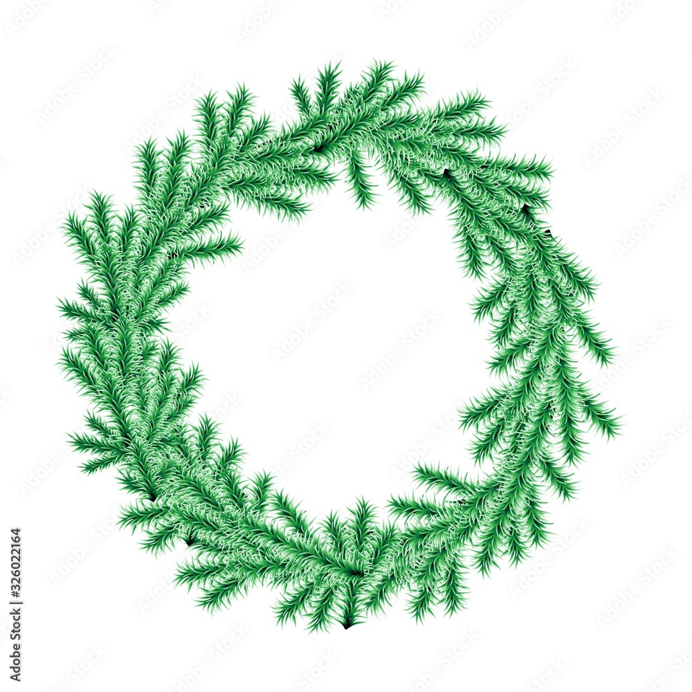 Round frame wreath of fir branches isolated on white background. Stock vector illustration for decoration and design, for cards and posters, holiday element, for web pages and more. Round frame wreath of fir branches isolated on white background. Stock vector illustration for decoration and design, for cards and posters, holiday element, for web pages and more.