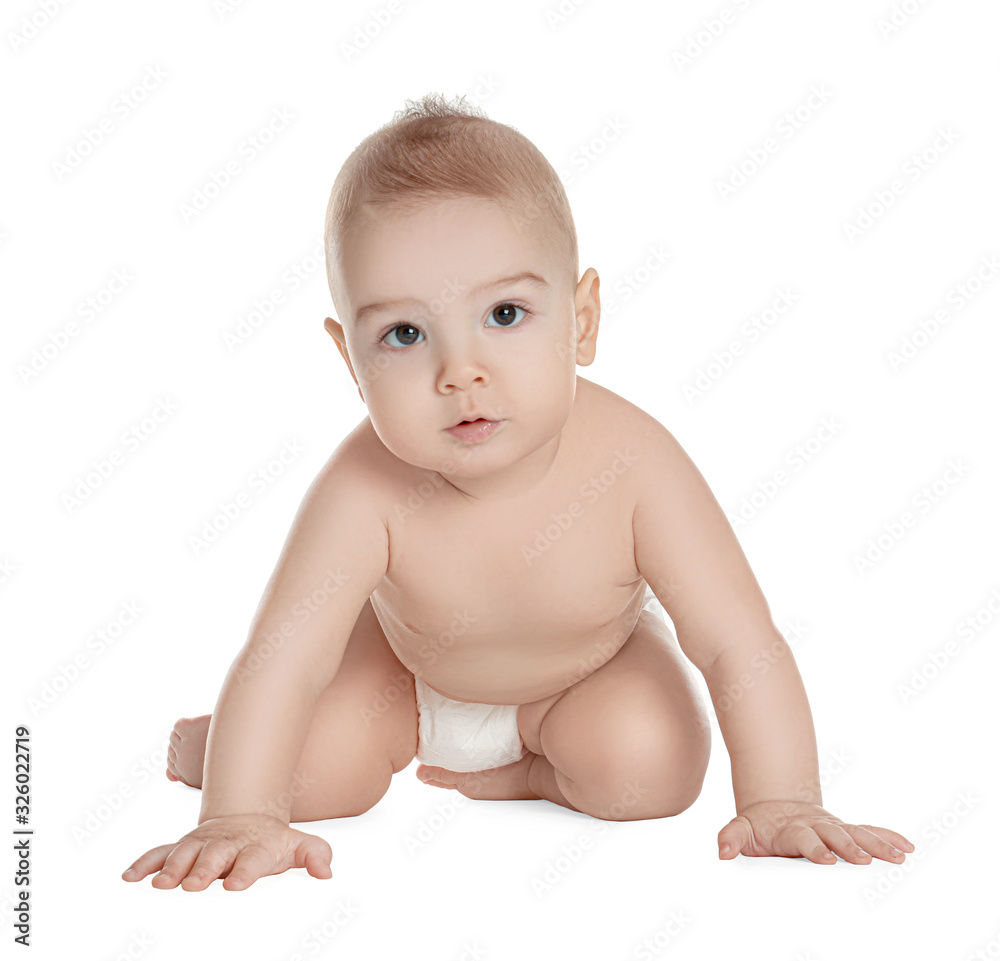 Cute little baby in diaper on white background Cute little baby in diaper on white background