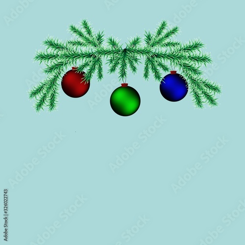 Fir branch with Christmas balls isolated on a blue background. Stock vector illustration for decoration and design  greeting cards  posters  banners  fabrics  web pages and more  holiday element